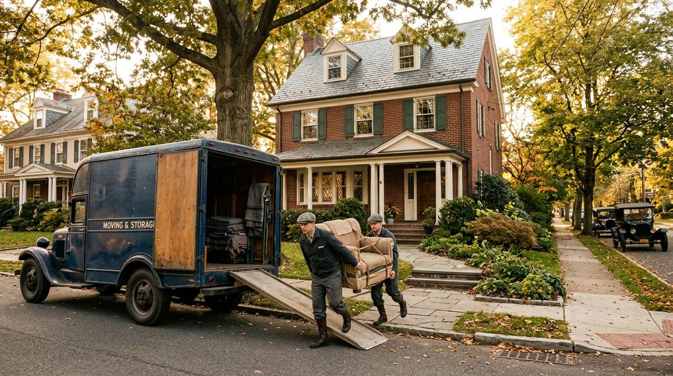 Vintage professional moving truck in front of 1920s New Jersey colonial home — Lincoln Moving & Storage heritage since 1920