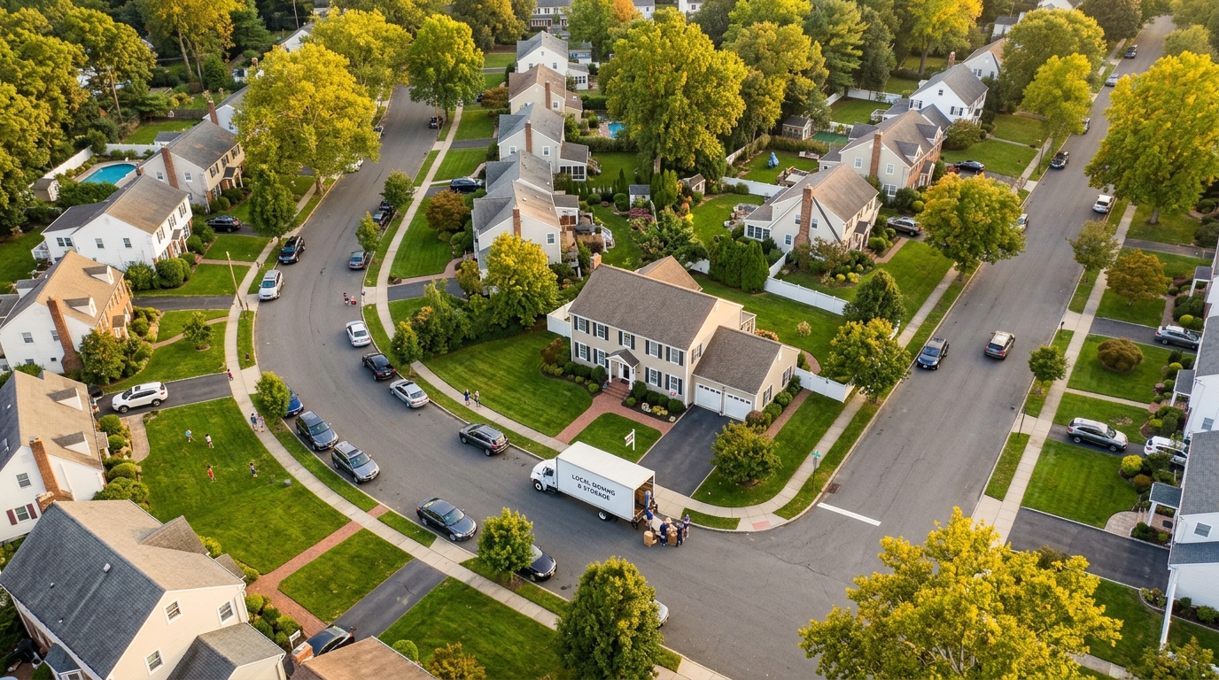 Aerial view of NJ suburban neighborhood with professional moving truck — Lincoln Moving & Storage serves all of Union and Morris County NJ