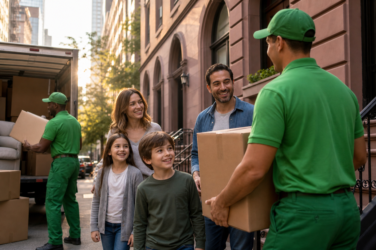 Family moving into NYC apartment with Liberty movers in navy blue uniforms