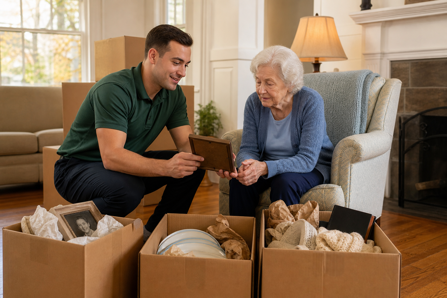Senior couple sorting belongings with a Lincoln Moving mover in NJ
