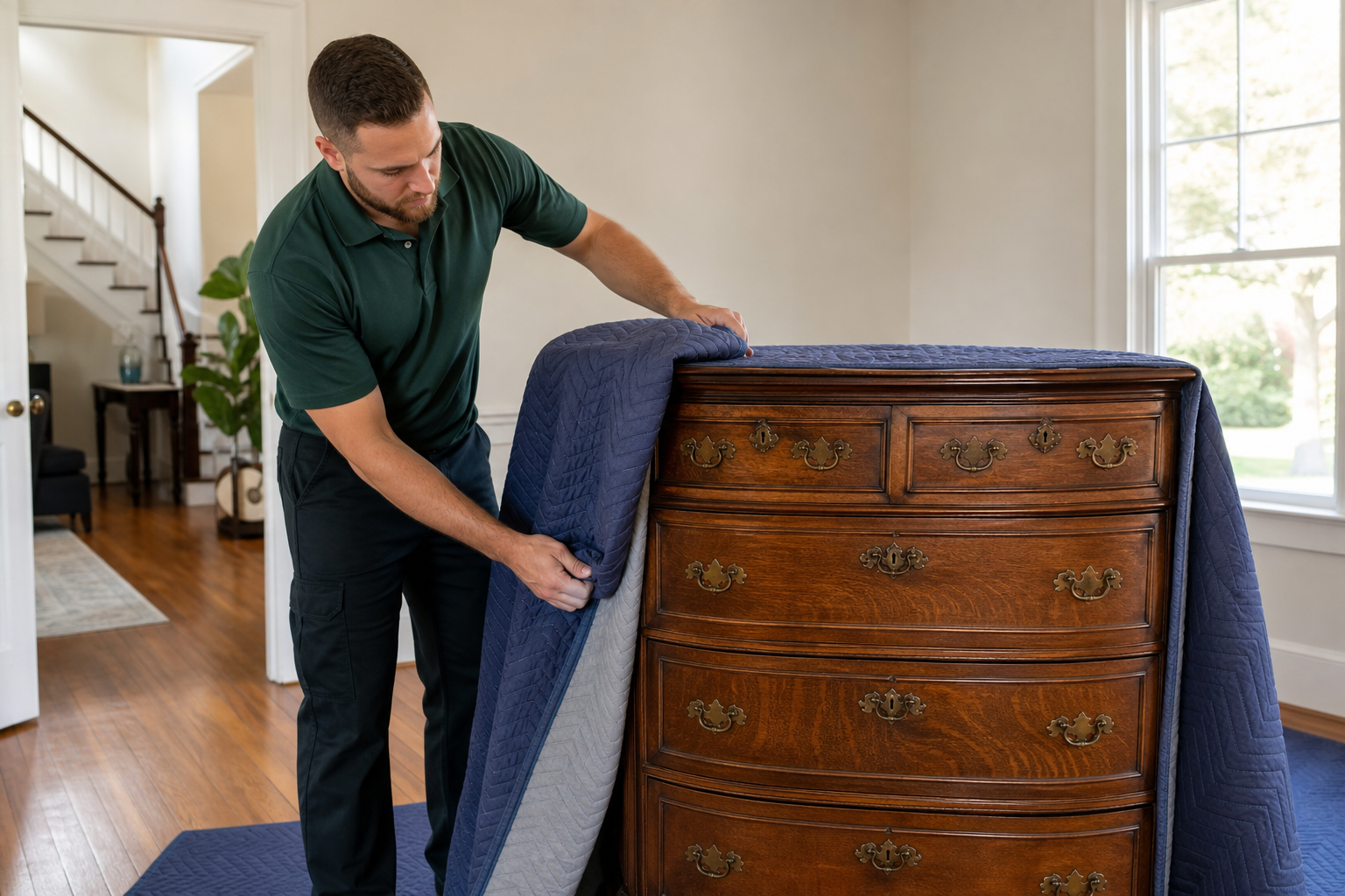 Lincoln Moving mover carefully wrapping heirloom furniture for NJ downsizing move