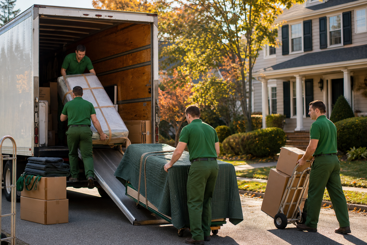 Lincoln Moving & Storage movers carefully loading furniture into a moving truck in a New Jersey suburban neighborhood