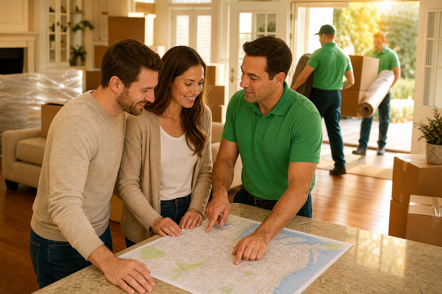 Lincoln Moving & Storage moving team reviewing a relocation plan with a family at their NJ home doorstep