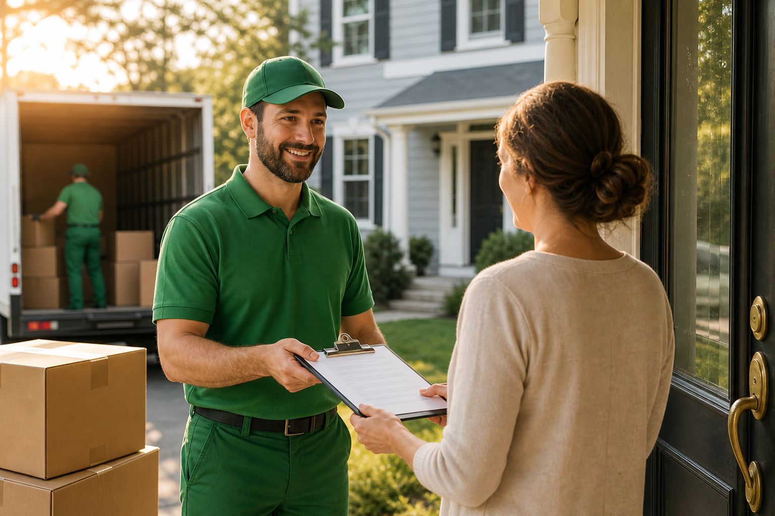 NJ homeowners reviewing moving day checklist in kitchen with packed boxes