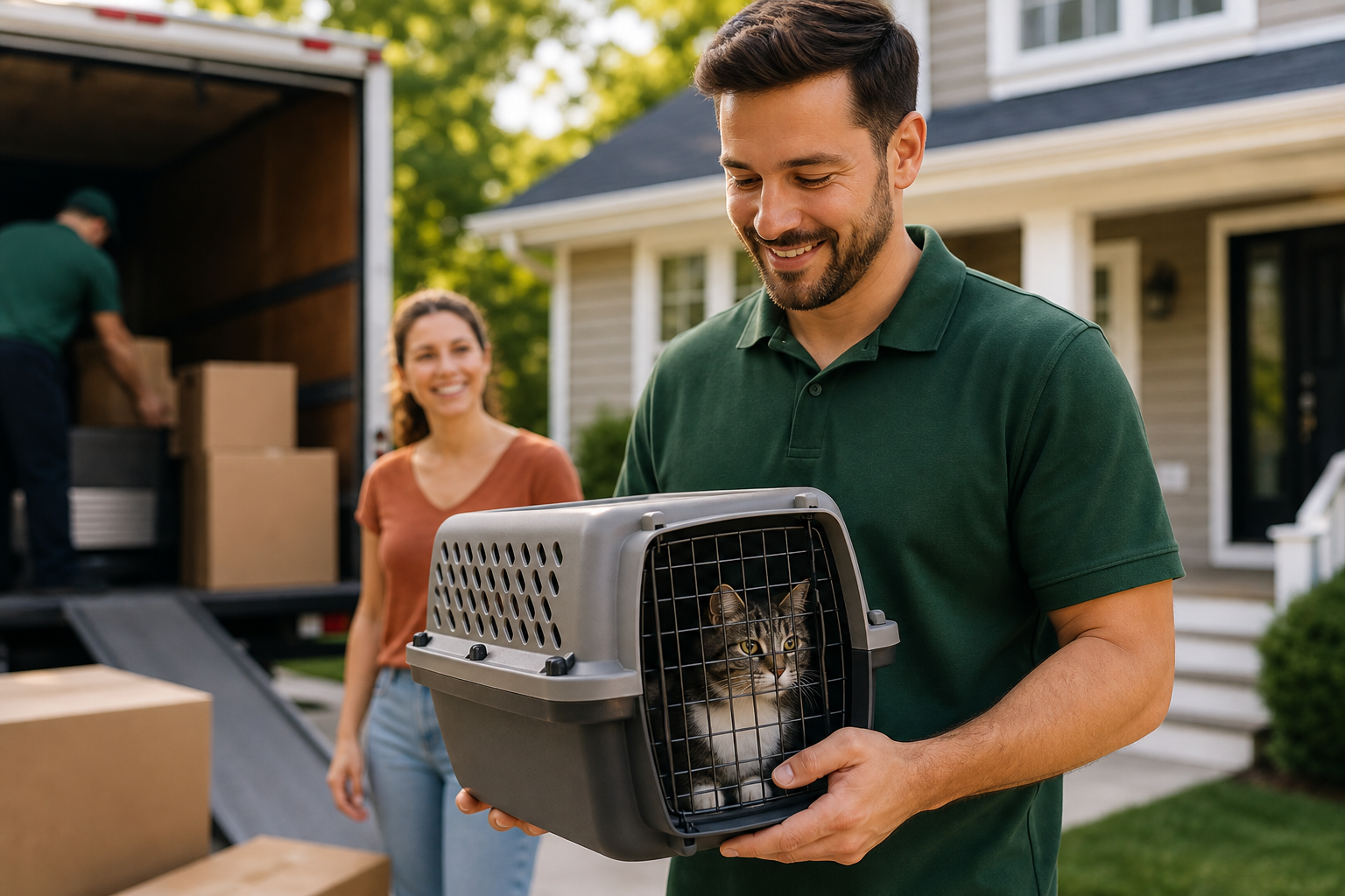 Lincoln Moving mover in green polo gently carrying a pet carrier with cat during NJ home move