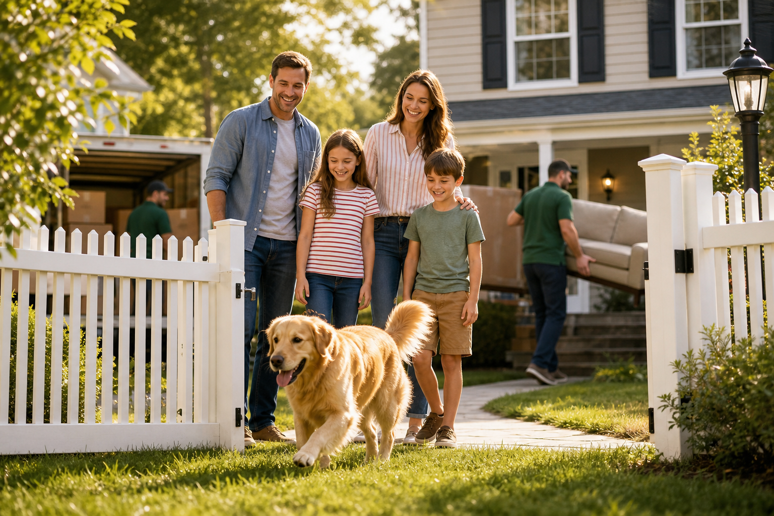 Happy family with dog settling into new New Jersey home with Lincoln Moving crew in background