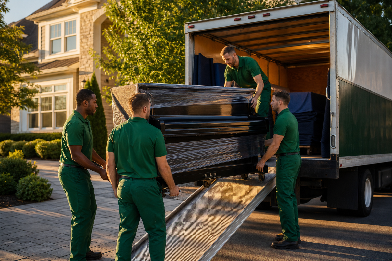 Lincoln Moving & Storage movers using piano dolly to carefully move grand piano through NJ colonial home
