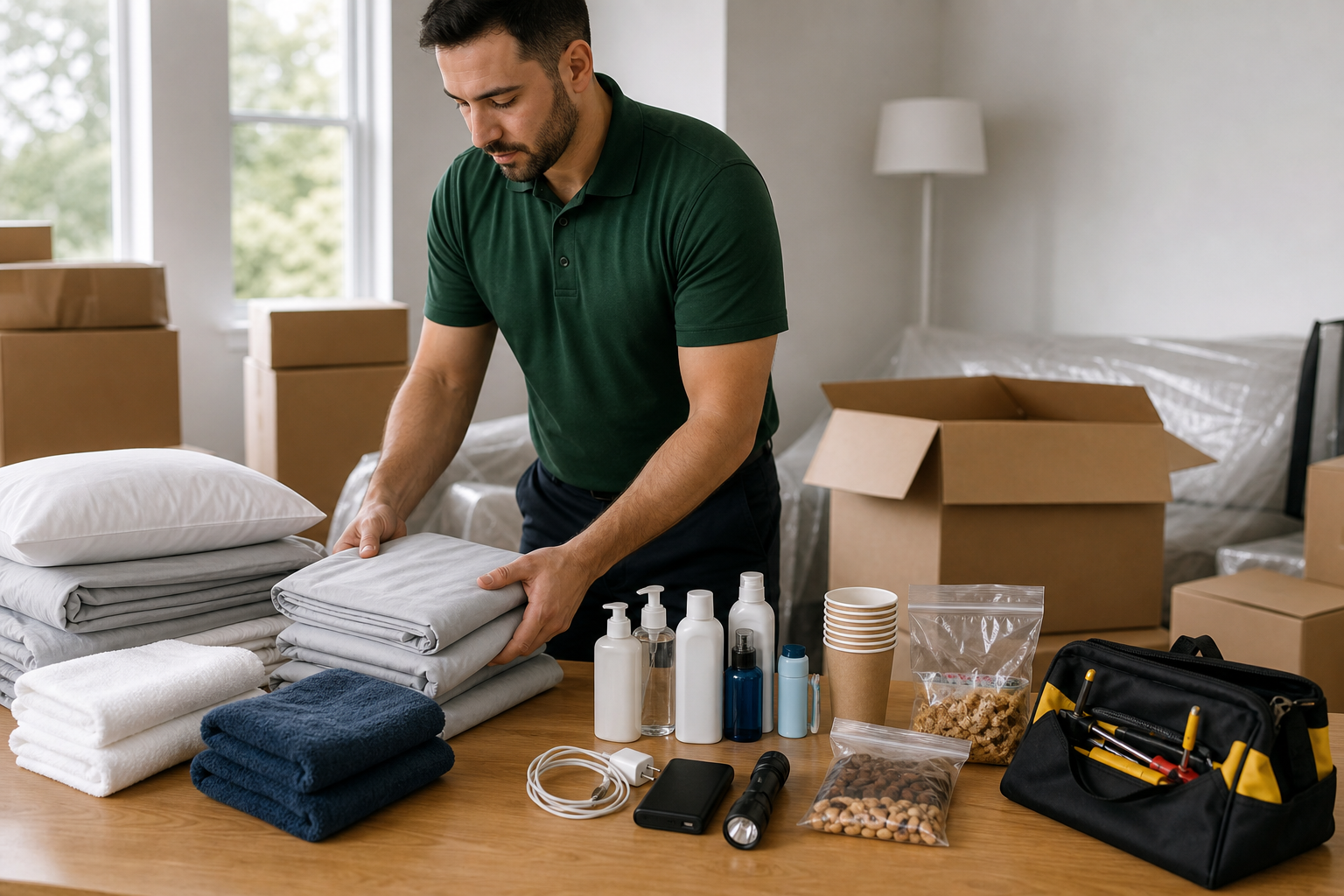 First-night moving box NJ supplies organized with bedding toiletries and chargers
