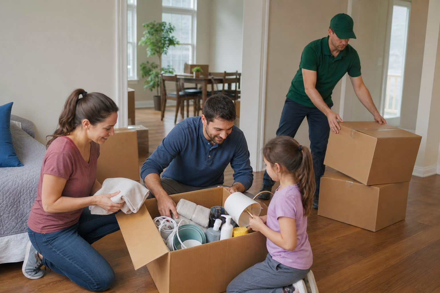 Family opening a first-night moving box NJ package in a newly moved home