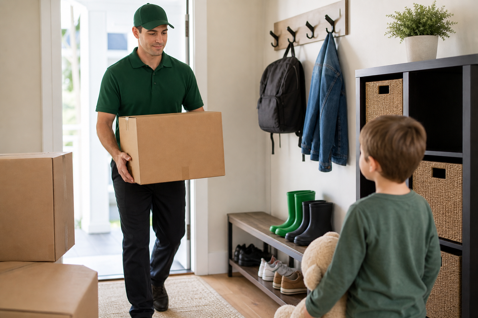 moving with kids NJ — Lincoln Moving crew member in plain green uniform organizing family boxes in storage