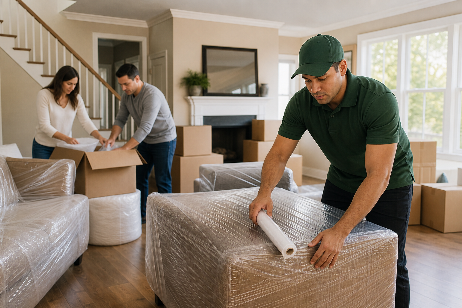 moving with kids NJ — Lincoln Moving crew member in plain green uniform assembling a child bed in a New Jersey home