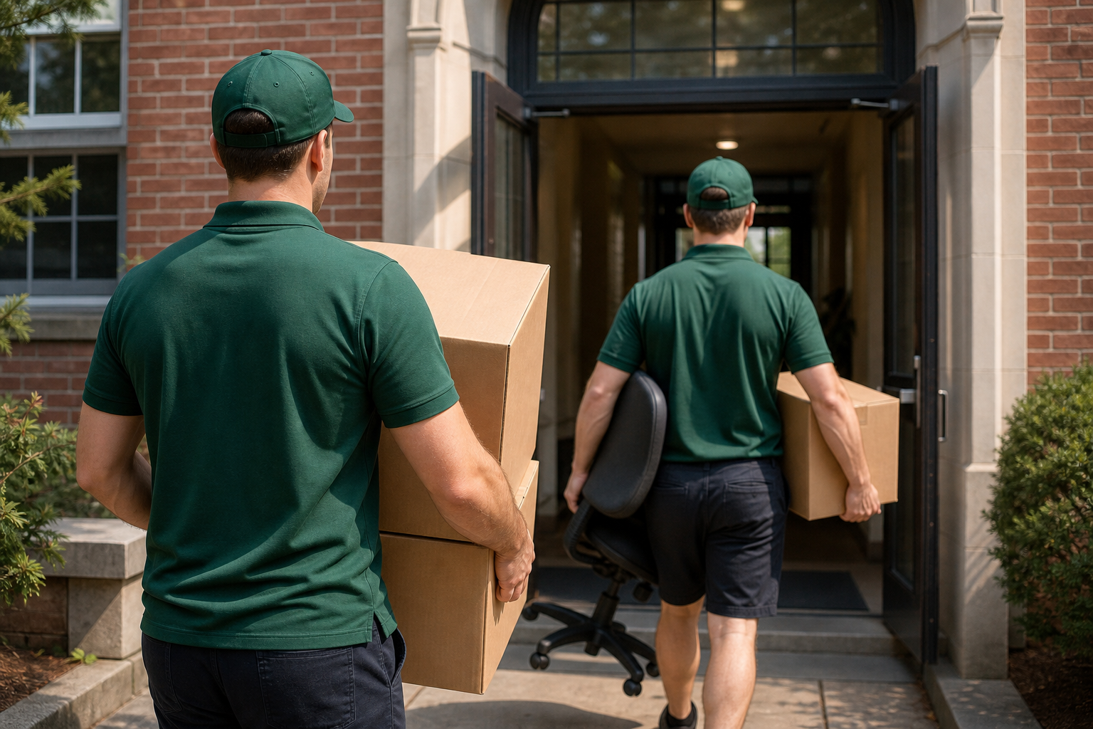 College move-in day NJ Lincoln Moving crew carrying boxes into a dormitory