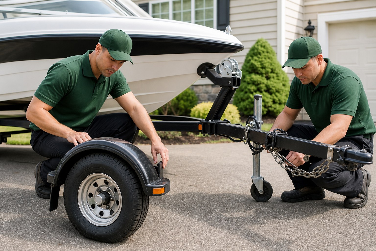Lincoln Moving crew in forest-green polos and caps inspecting a trailer hitch during boat moving and storage NJ preparation