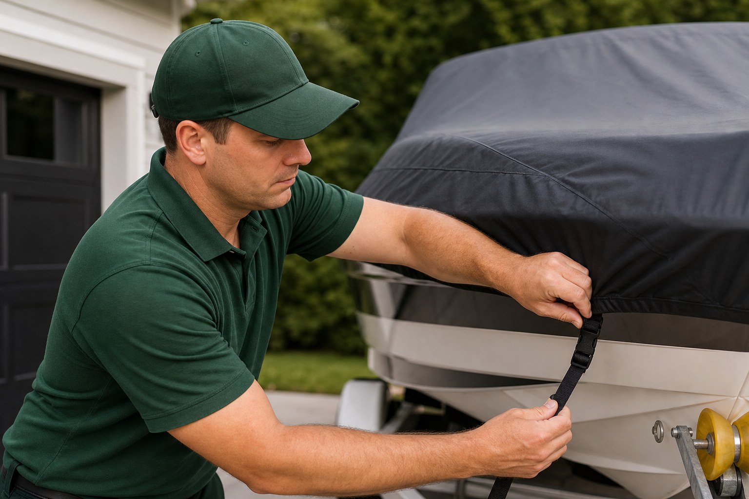 Lincoln Moving crew member in a forest-green polo and cap securing a boat cover during boat moving and storage NJ transport prep