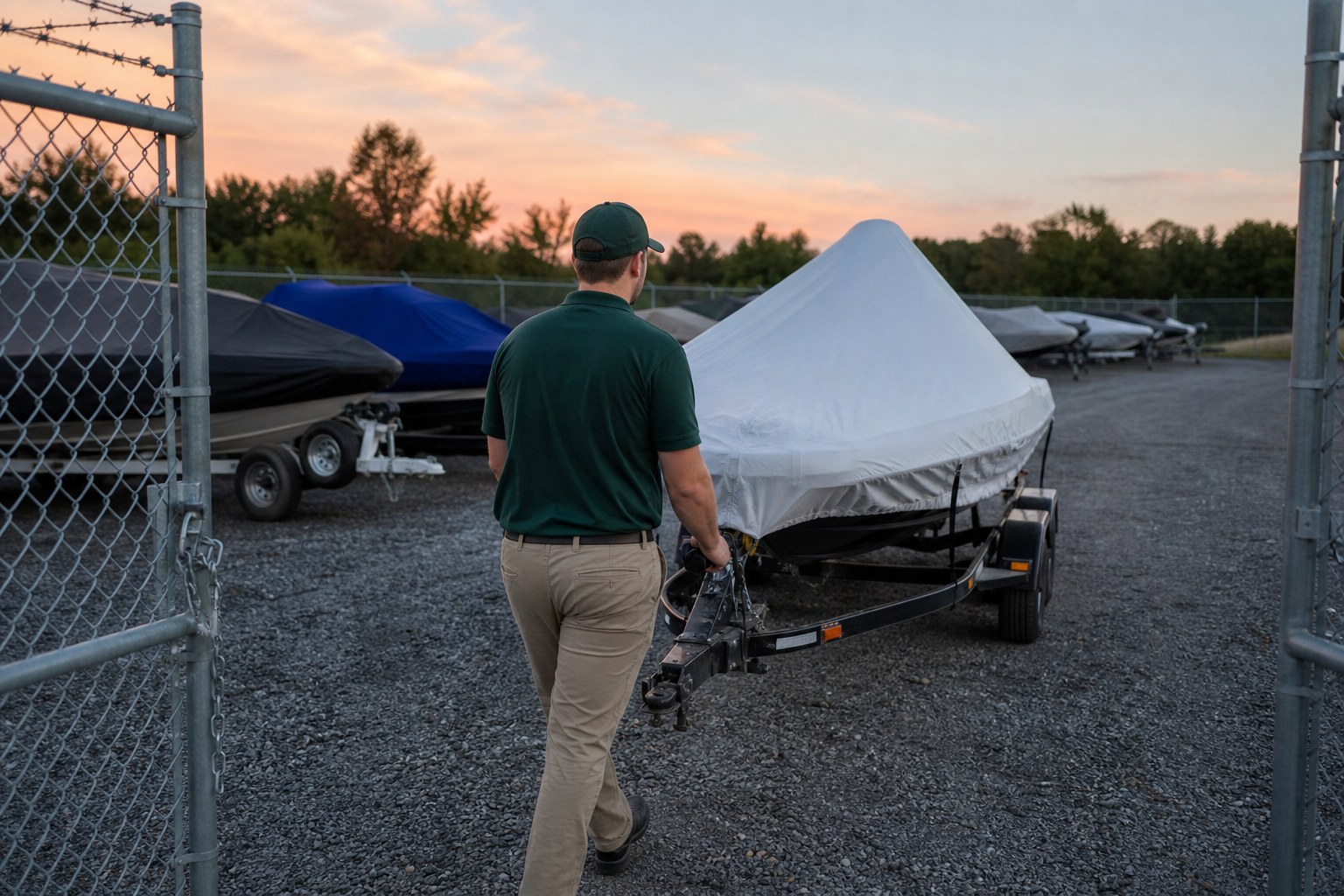 Lincoln Moving crew member in a forest-green polo and cap walking a covered boat into a boat moving and storage NJ storage yard
