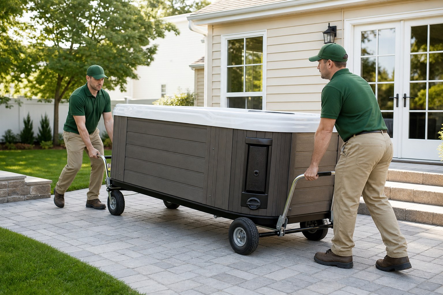 Lincoln Moving crew in forest-green polos and caps rolling a hot tub on a dolly during hot tub and spa moving NJ backyard relocation
