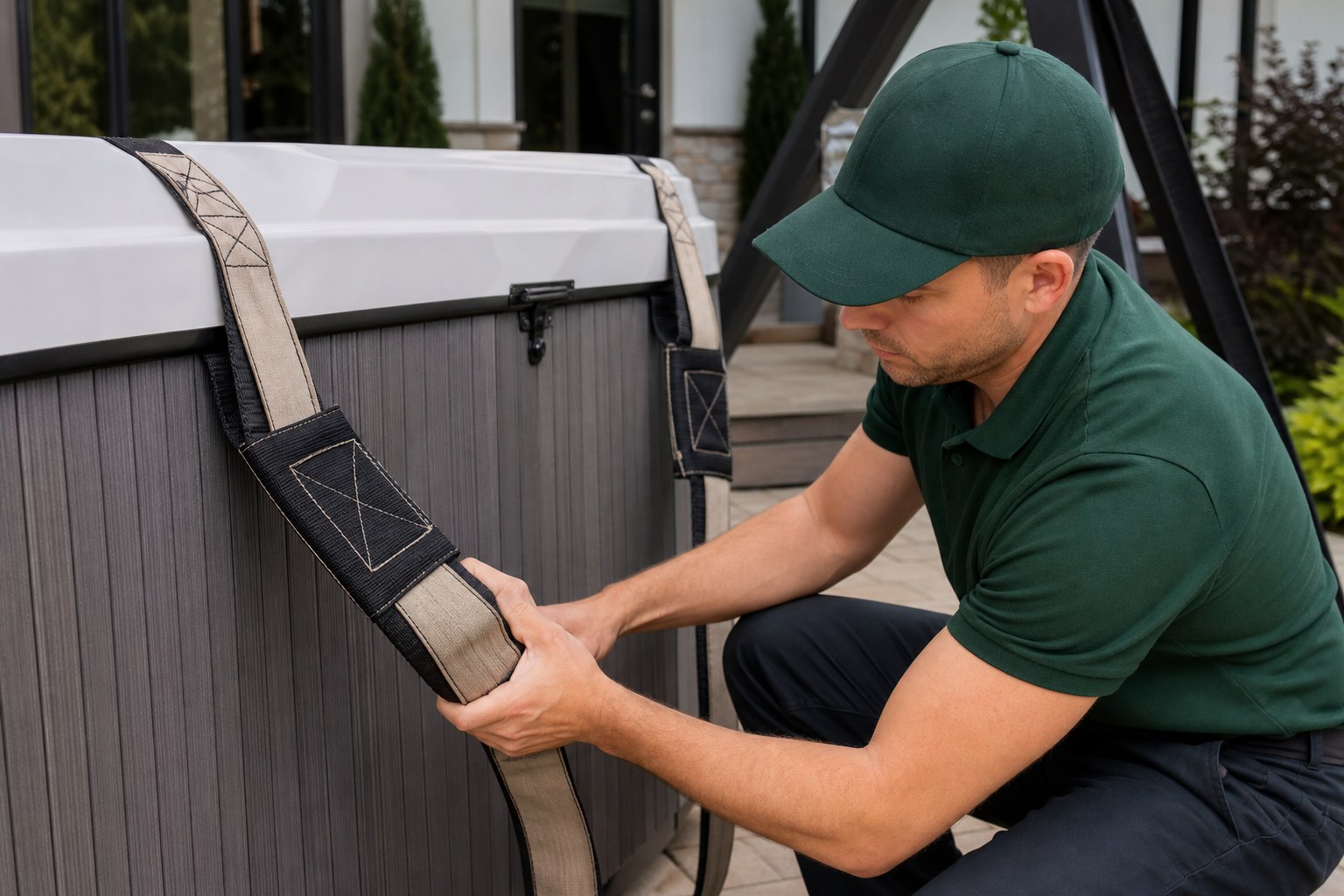 Lincoln Moving crew member in a forest-green polo and cap checking padded straps during hot tub and spa moving NJ preparation