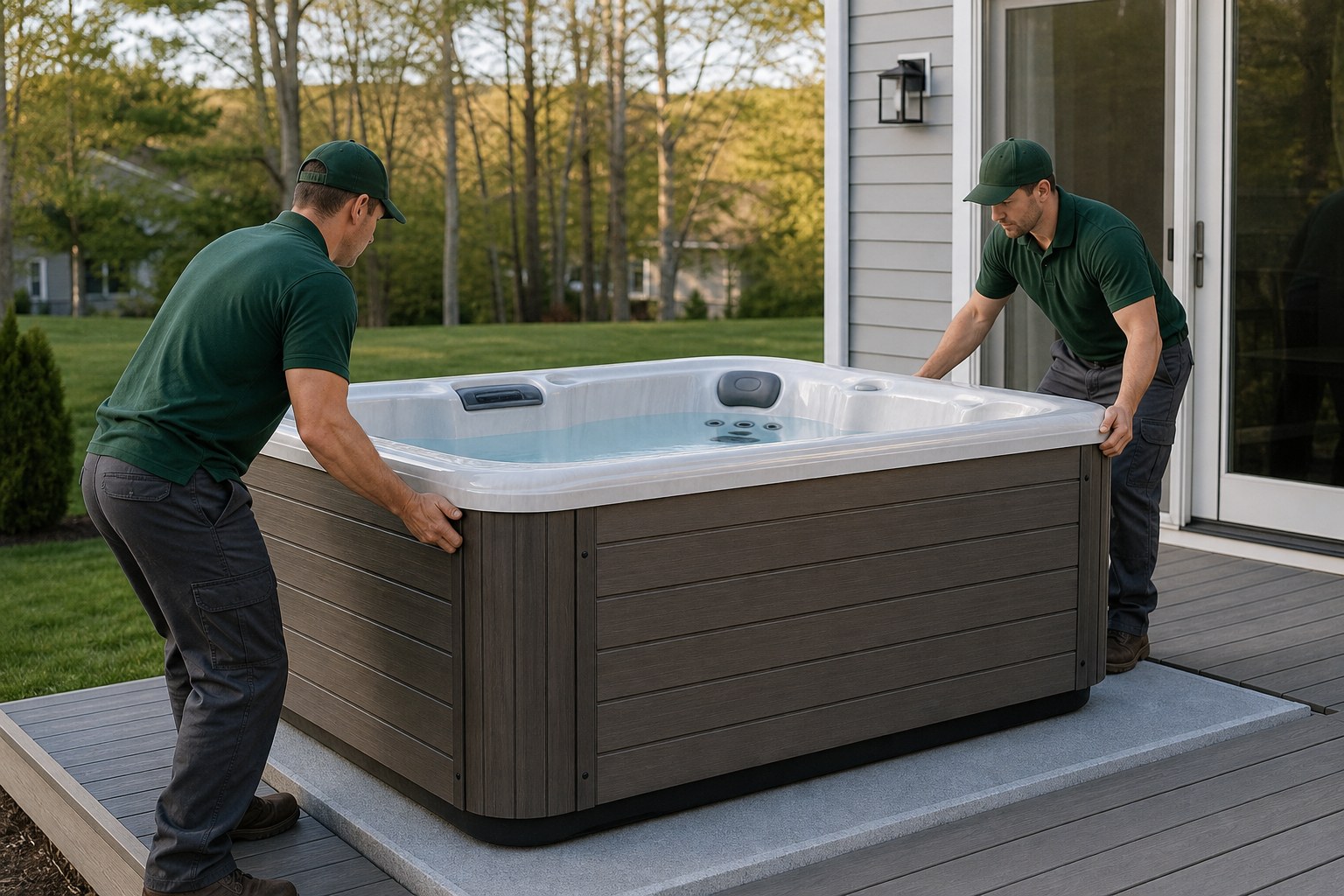 Lincoln Moving crew in forest-green polos and caps placing a spa on a deck pad during hot tub and spa moving NJ delivery