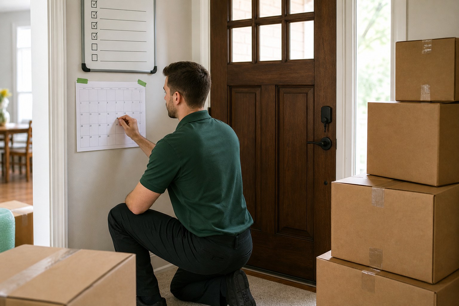 Newborn baby moving NJ Lincoln Moving mover marking a two-week buffer on a moving countdown calendar