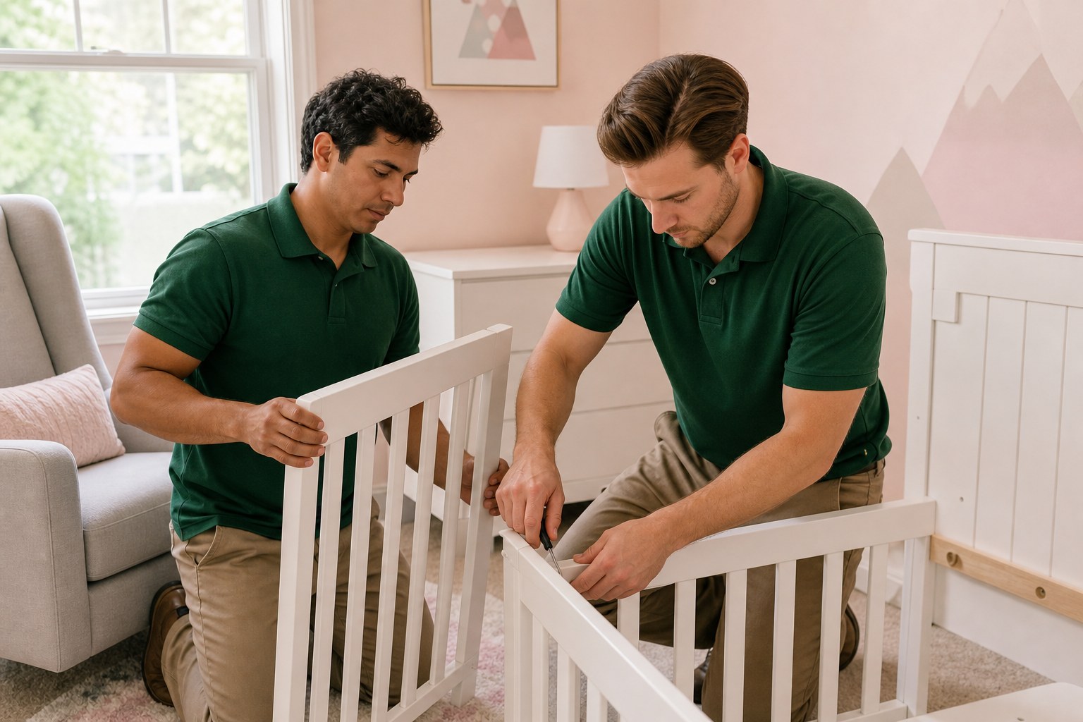 Newborn baby moving NJ Lincoln Moving crew assembling a white crib in a nursery