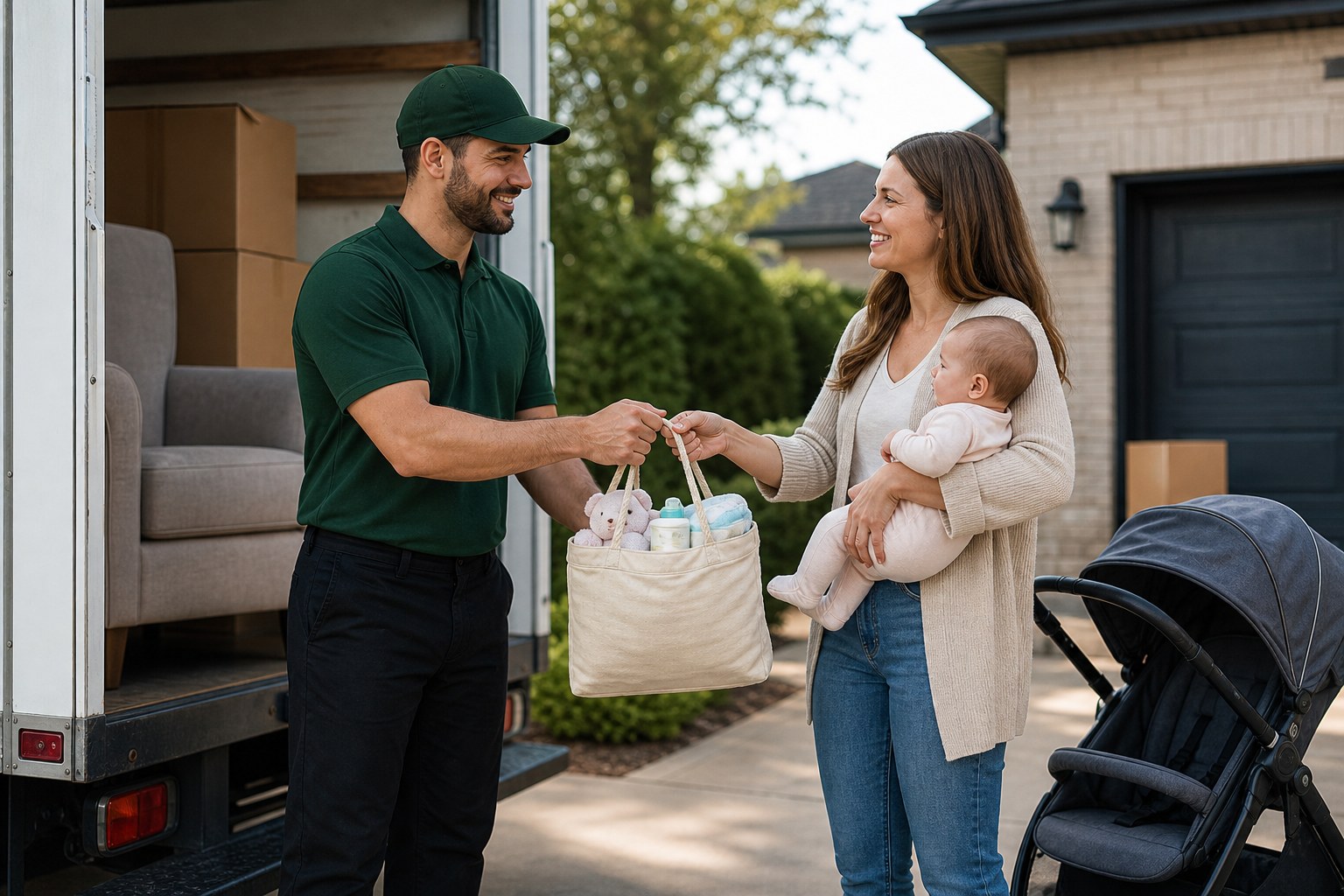 Newborn baby moving NJ Lincoln Moving mover handing a baby supplies bag to a new parent