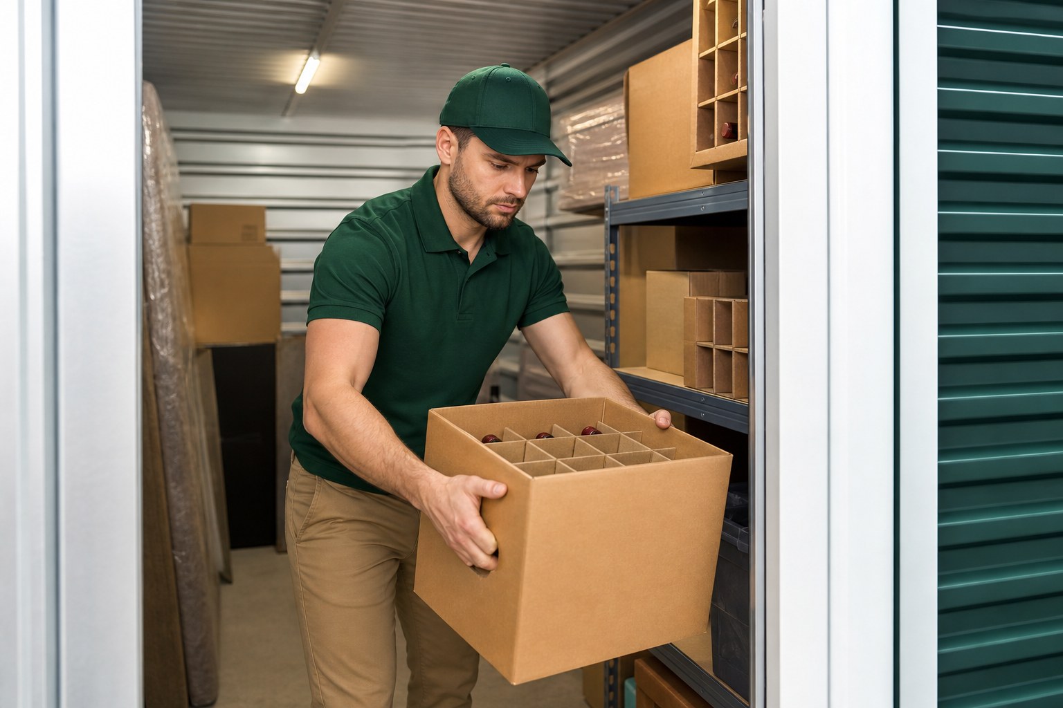 Wine collection moving NJ Lincoln Moving mover placing a labeled wine case on a climate-aware storage shelf