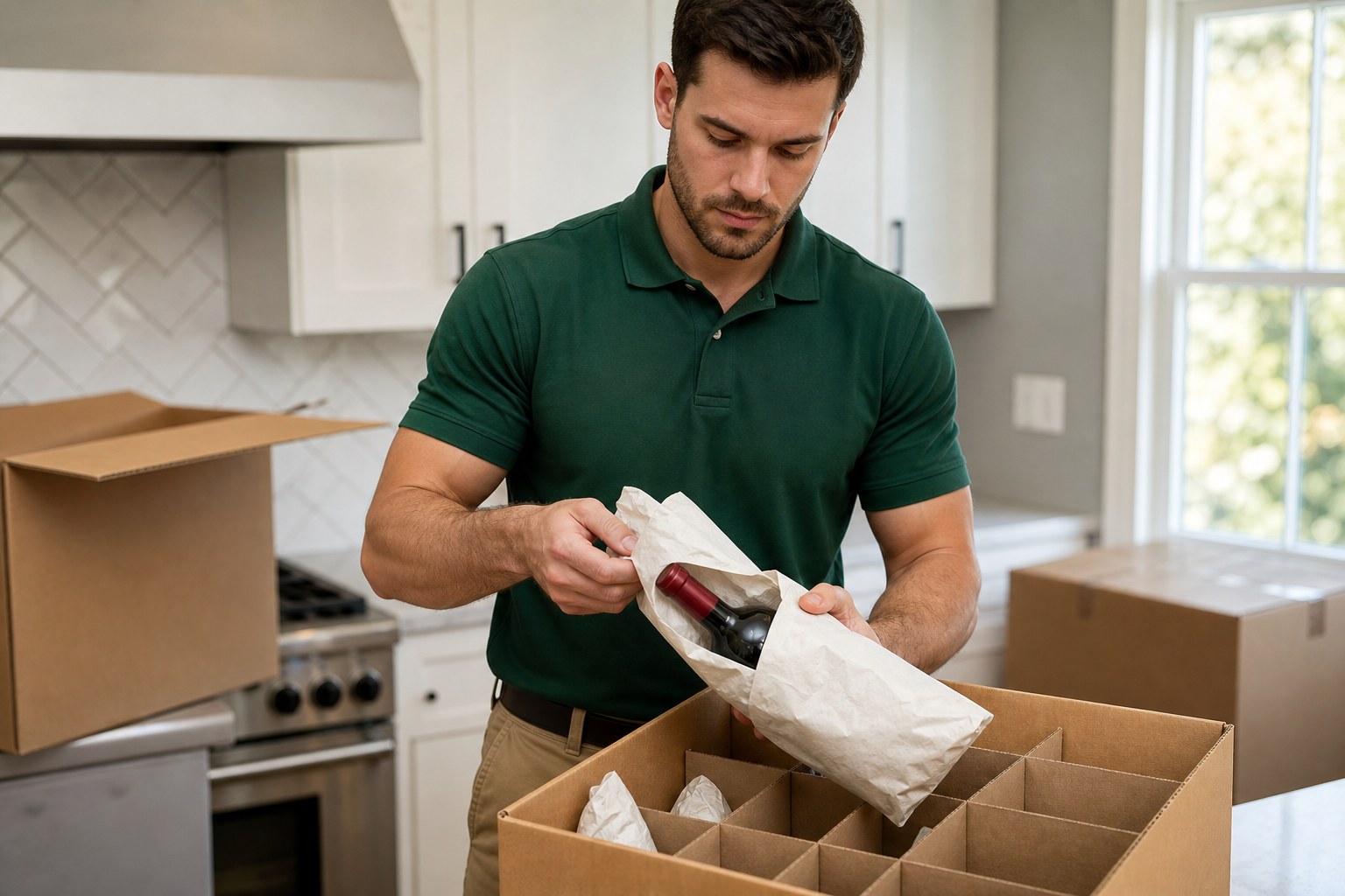 Wine collection moving NJ Lincoln Moving mover wrapping a bottle before placing it into a cell-divider box