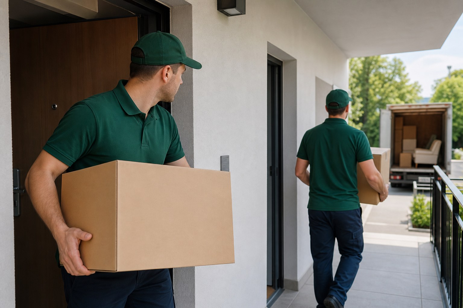 Merging households after a wedding NJ Lincoln movers in forest-green polos carrying boxes from two apartment doors
