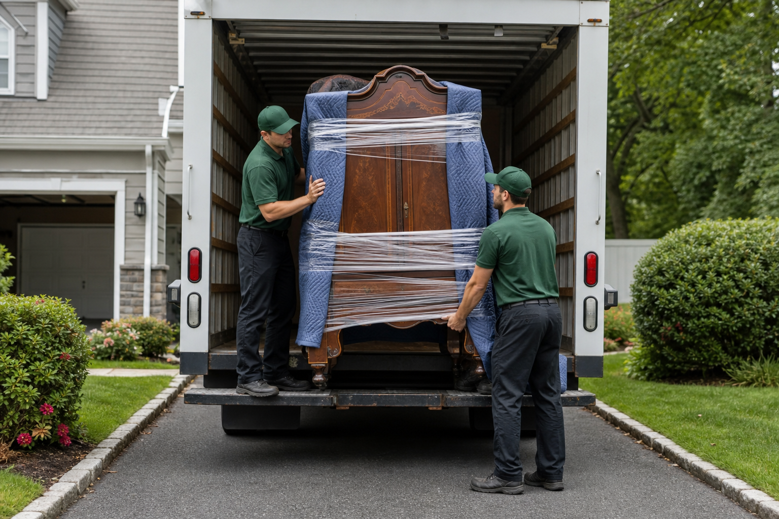 Moving insurance NJ Lincoln Moving and Storage crew loading a protected antique cabinet