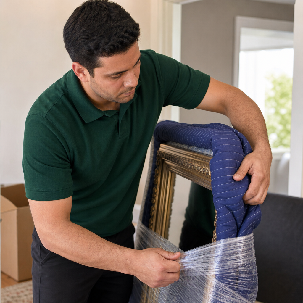 Moving insurance NJ Lincoln Moving crew wrapping a framed mirror in protective padding