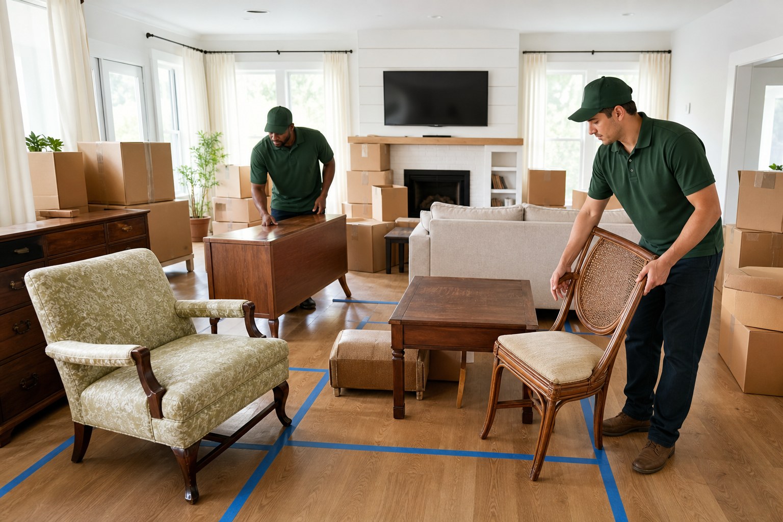 Multi-generational moving NJ Lincoln movers in forest-green polos sorting furniture in a living room