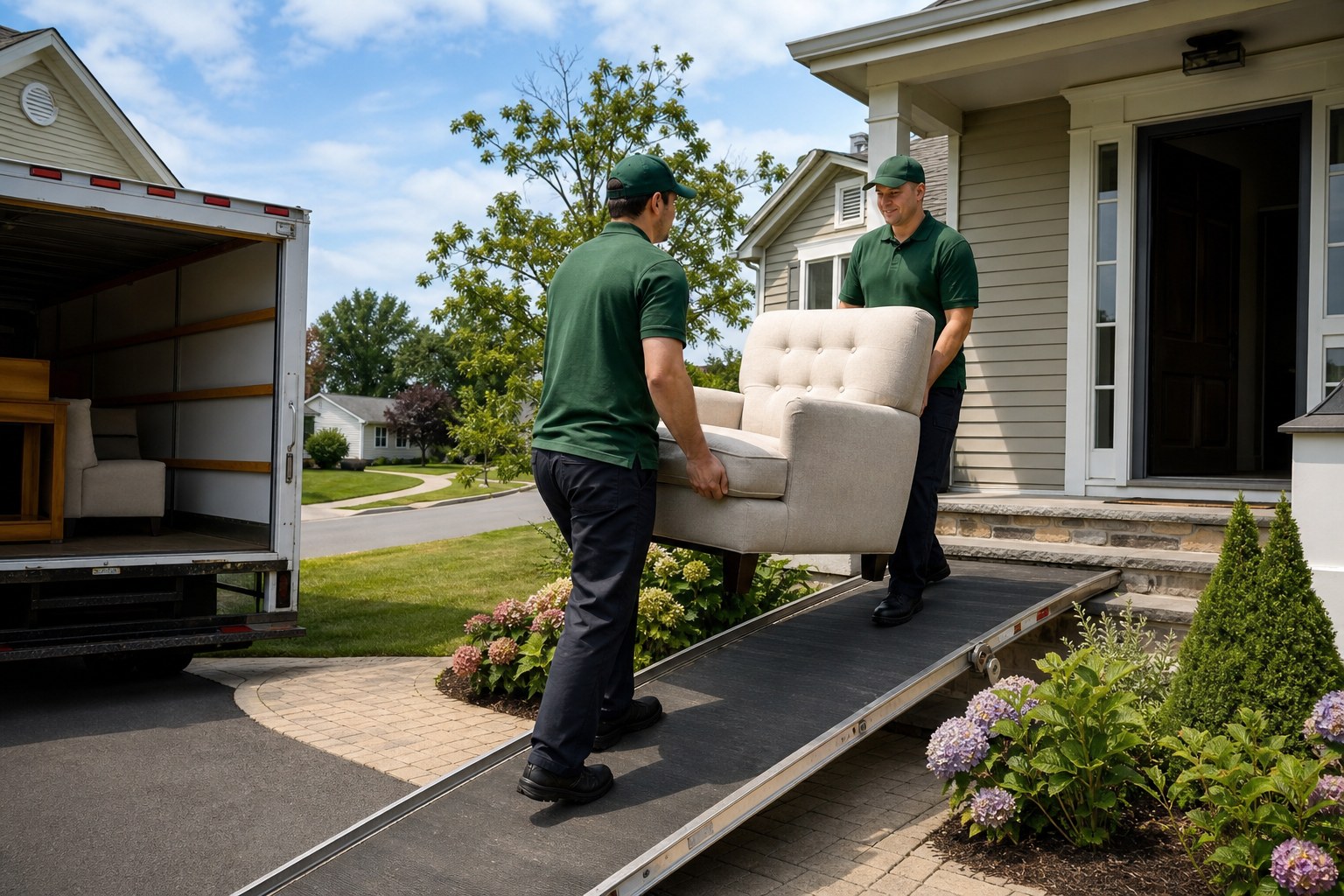 Multi-generational moving NJ Lincoln movers in forest-green polos carrying furniture up an accessible entry ramp