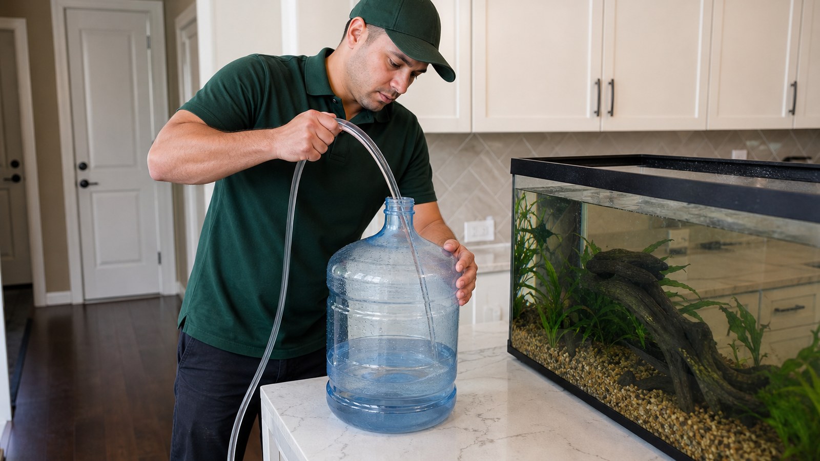 Mover in a plain forest-green polo pouring saved tank water into a sealed container for aquarium moving