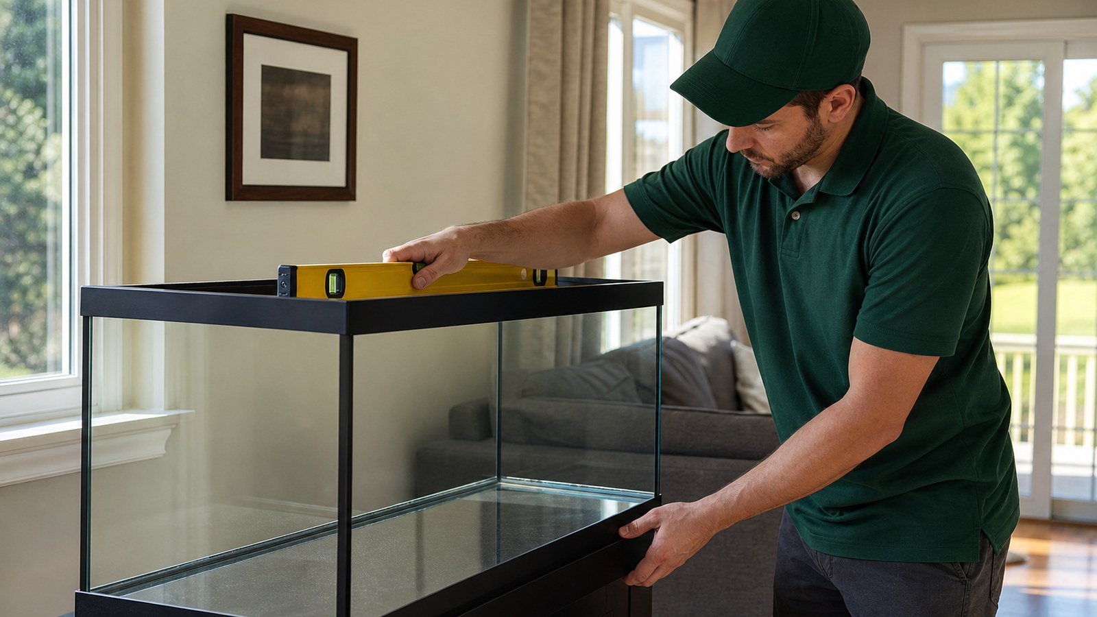 Lincoln Moving crew member reassembling an aquarium tank stand at a new home after aquarium moving