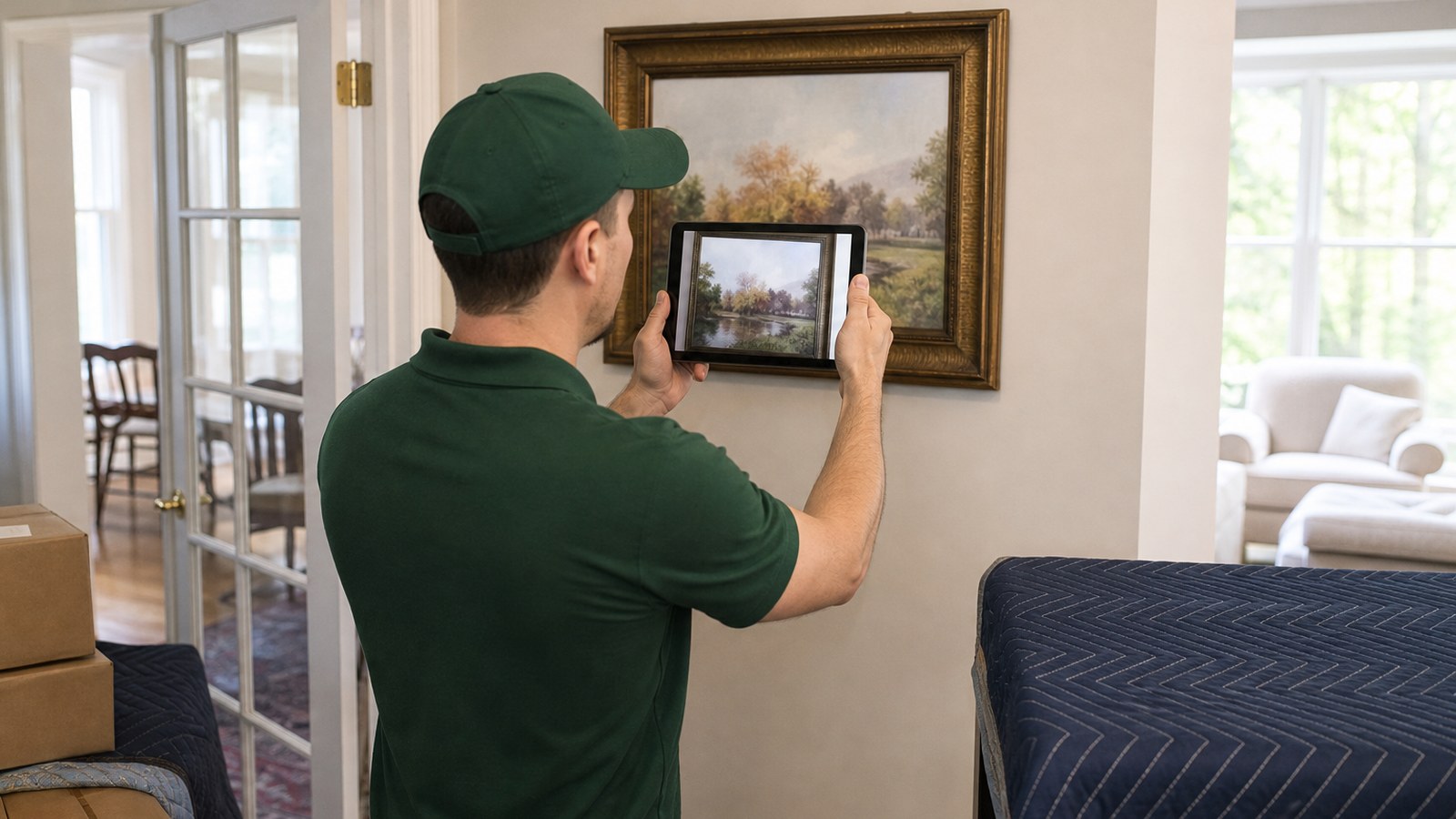Lincoln Moving crew member in a plain forest-green polo and cap photographing a painting before fine art moving in New Jersey