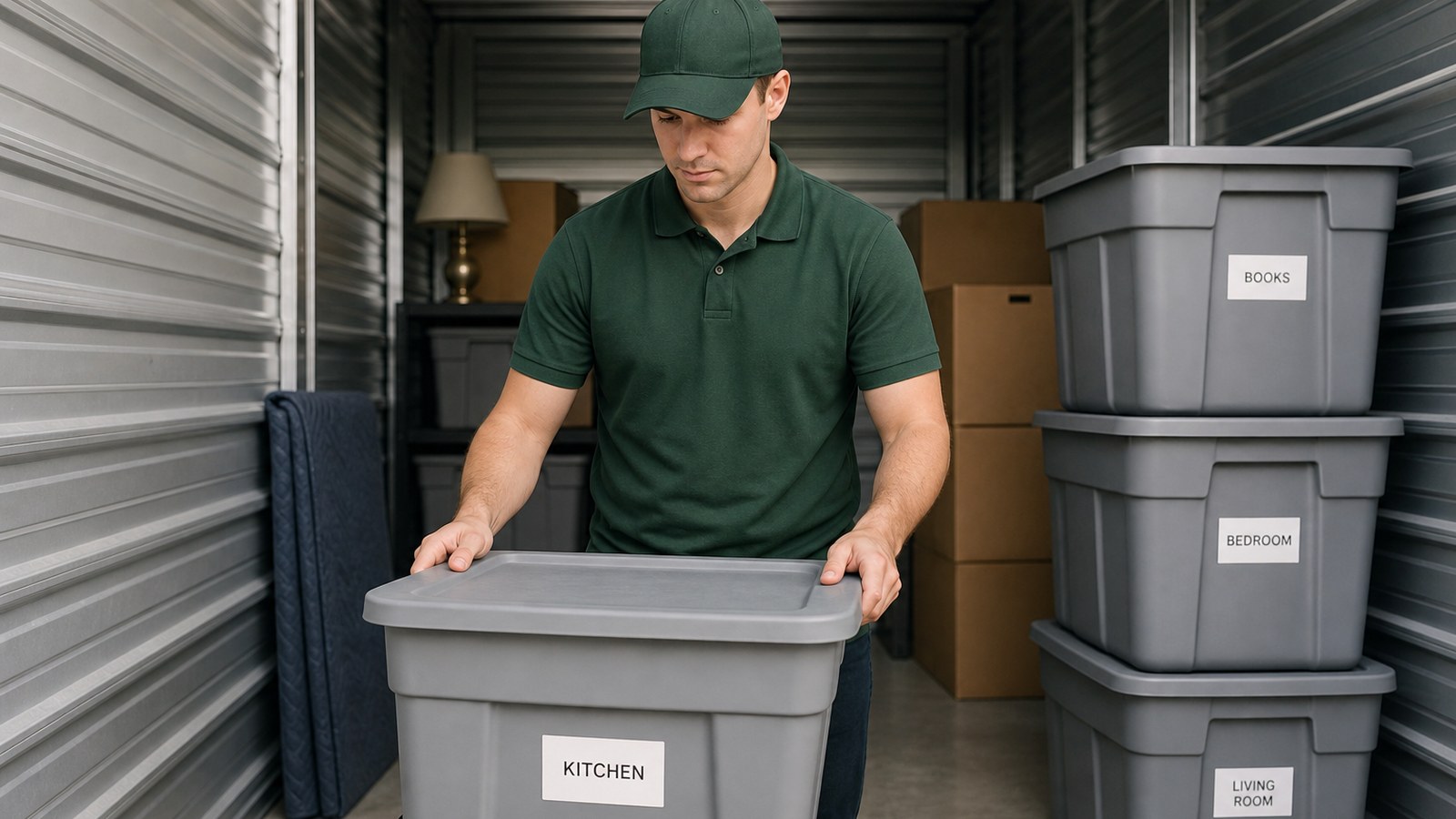 Lincoln Moving & Storage mover in a forest-green polo and cap organizing labeled bins for holiday decoration storage in New Jersey