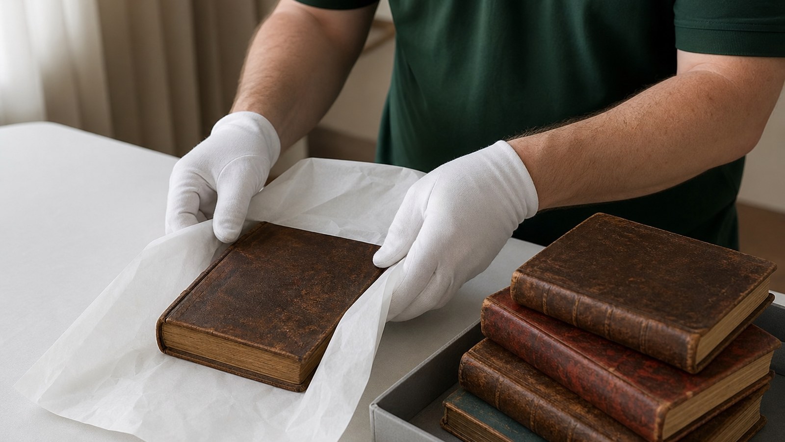 Gloved hands wrapping an antique leather-bound book in acid-free tissue paper beside a stack of old books