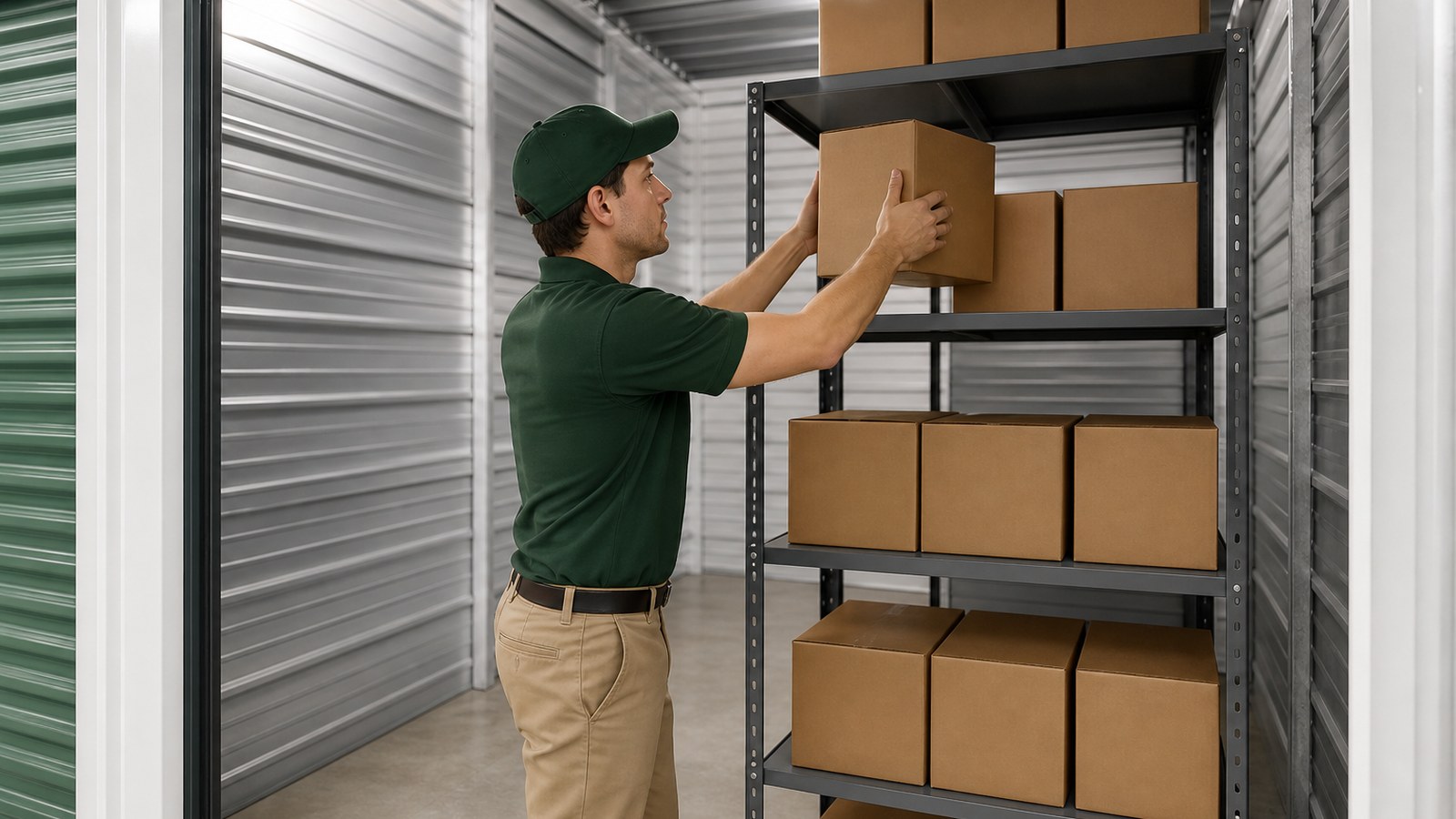 Mover in a forest-green polo and cap shelving a book box inside a clean climate-controlled storage unit