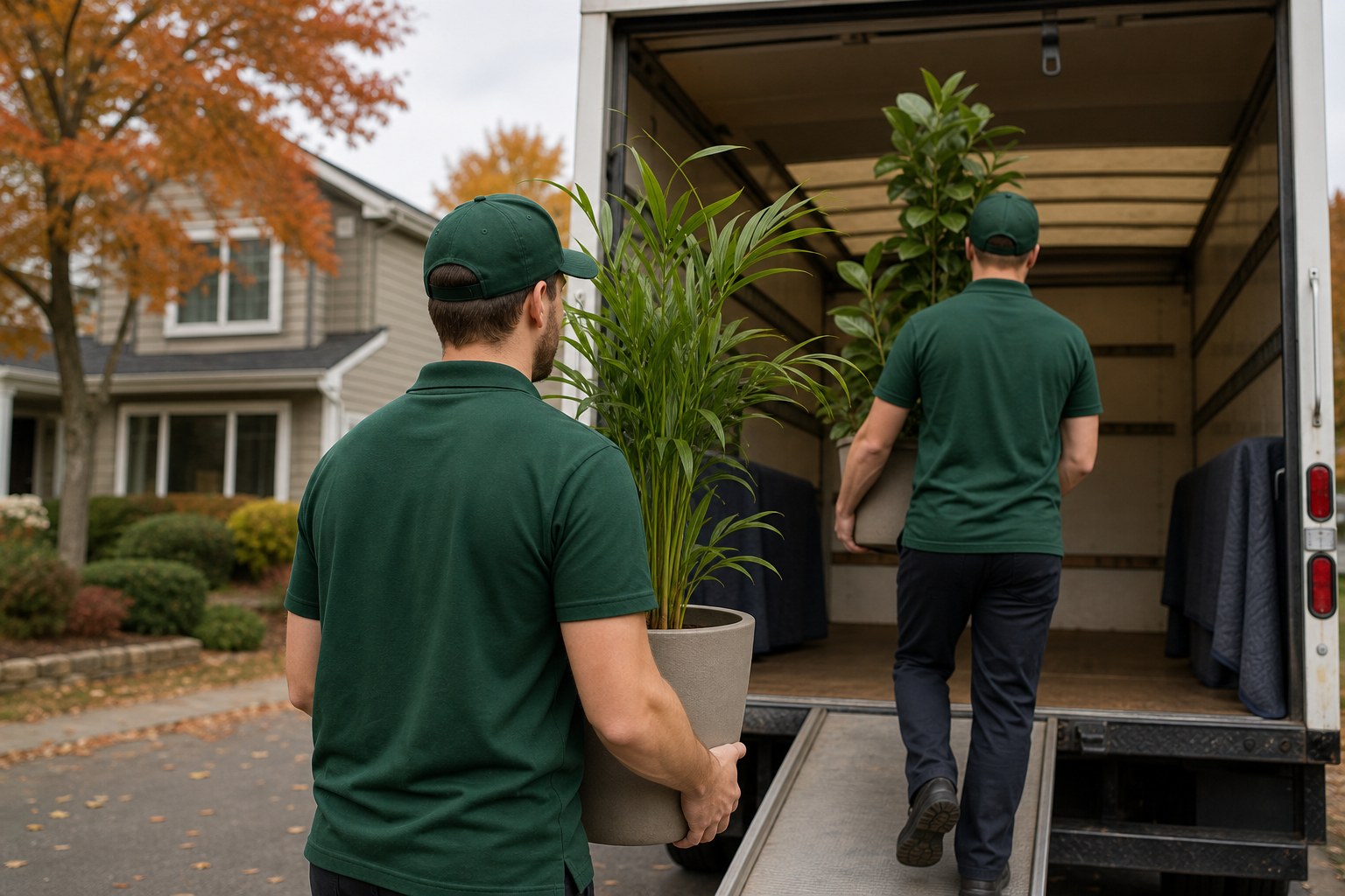 Lincoln Moving crew in forest-green polos and caps carrying potted houseplants into a truck during houseplant moving NJ