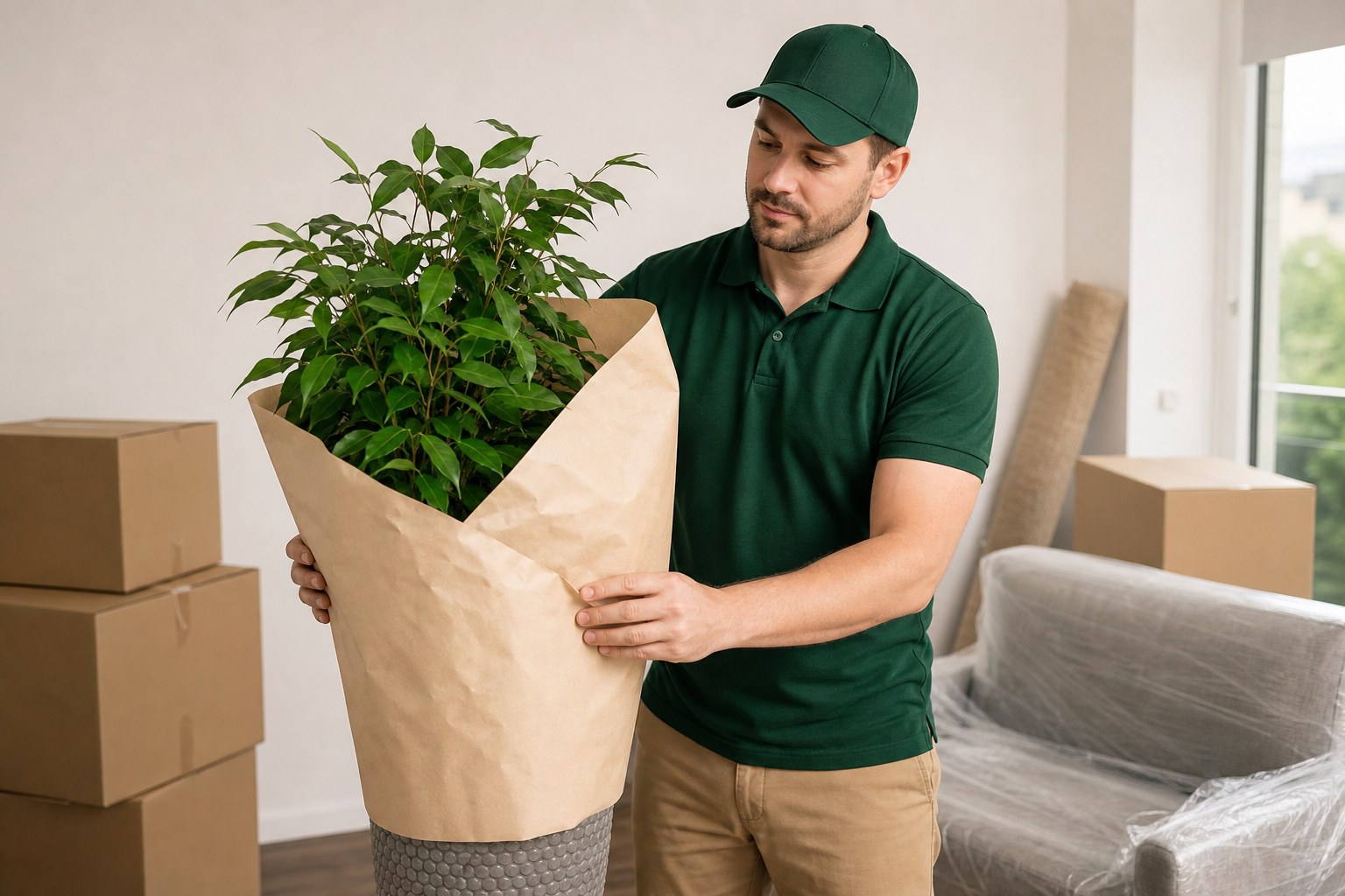 Lincoln Moving crew member in a forest-green polo and cap wrapping plant foliage in paper during houseplant moving NJ