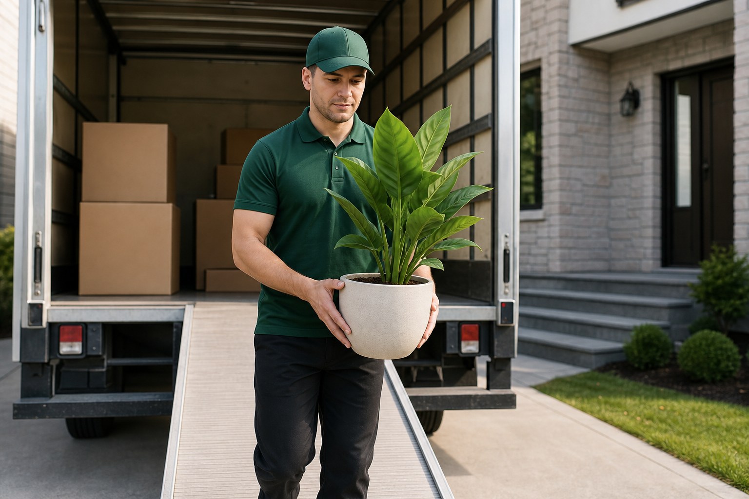 Lincoln Moving crew member in a forest-green polo and cap carrying a potted plant off the truck first during houseplant moving NJ