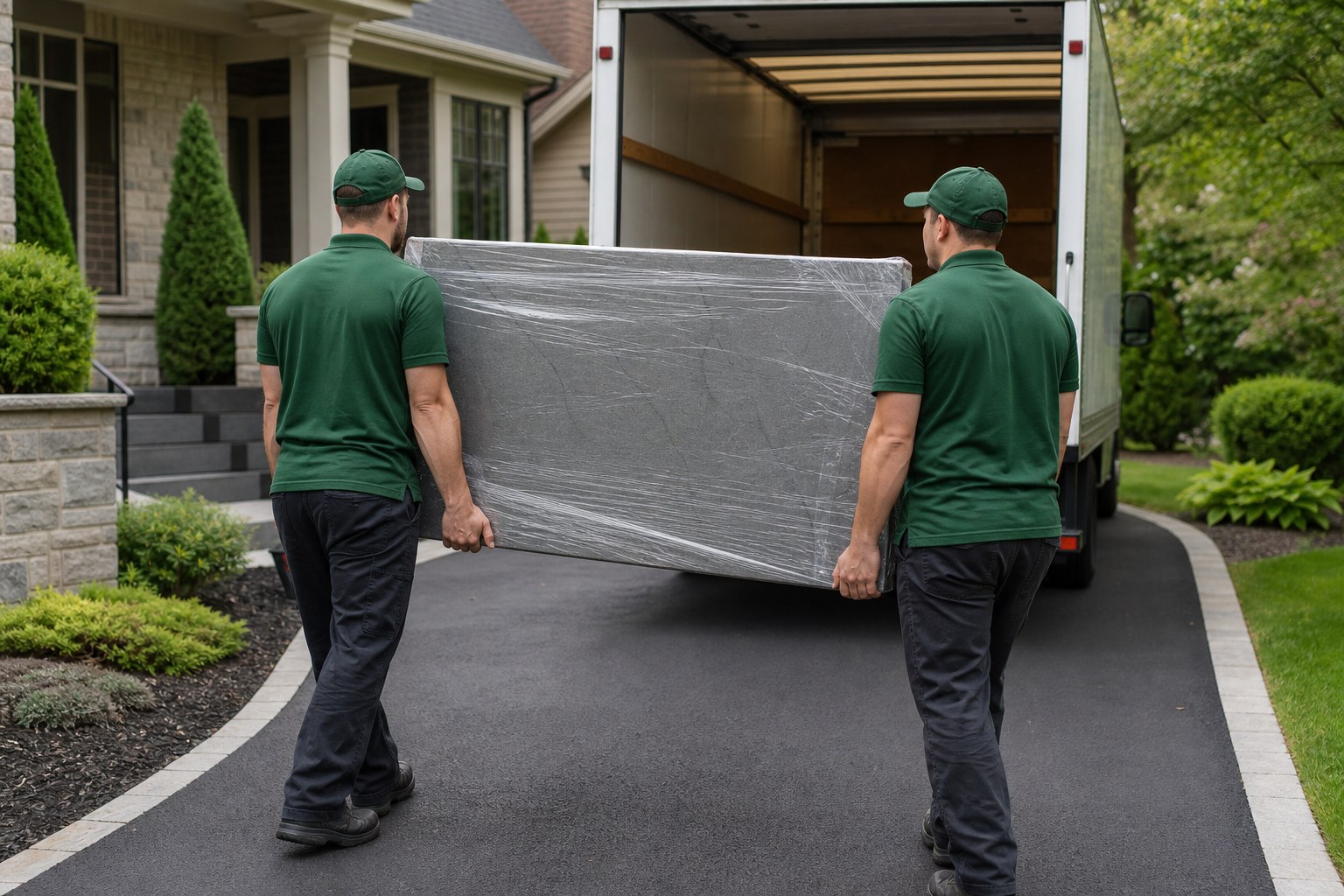 Lincoln Moving crew in forest-green polos and caps carrying a wrapped pool table slate piece during pool table moving NJ