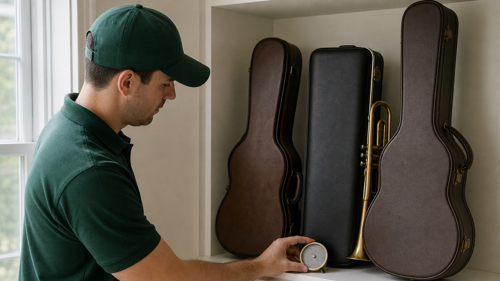 Mover in a forest-green polo and cap checking a humidity gauge beside violin, trumpet, and guitar cases on a shelf