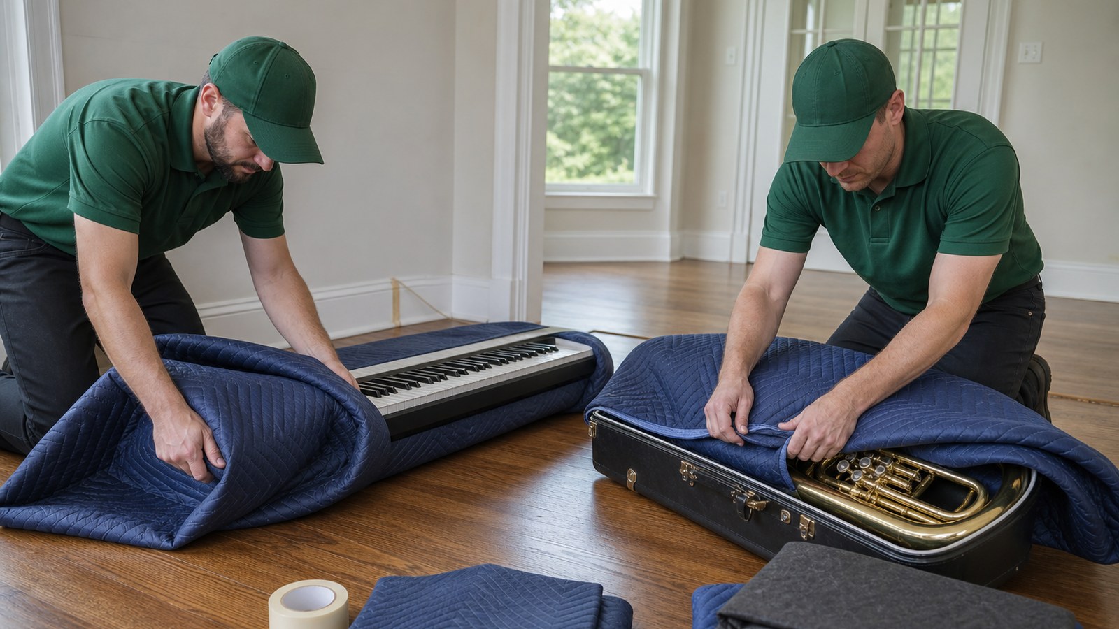 Two movers in forest-green polos and caps wrapping a digital piano and a brass instrument case in moving blankets