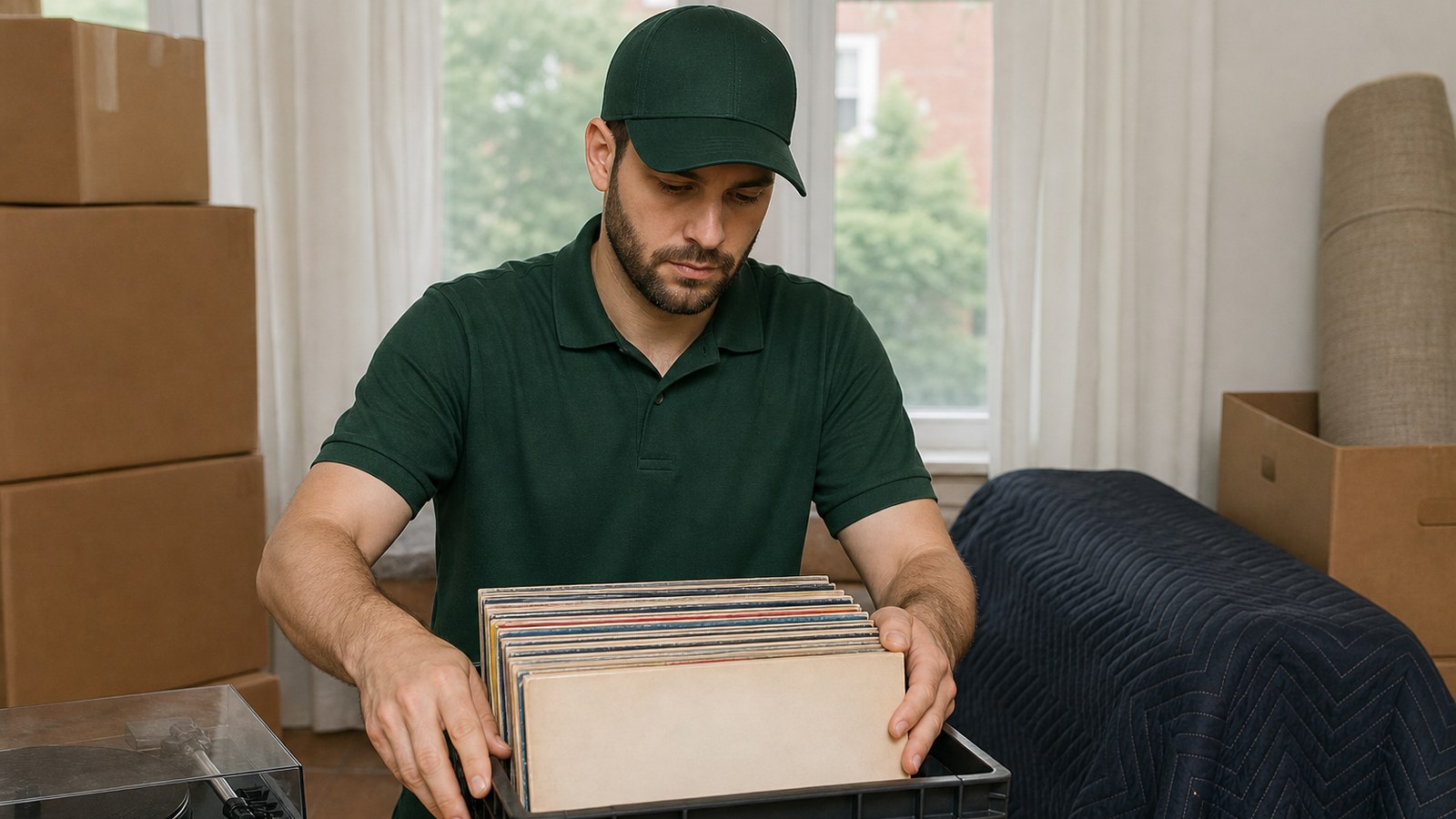 Mover in a forest-green polo and cap packing vinyl records upright into a labeled crate