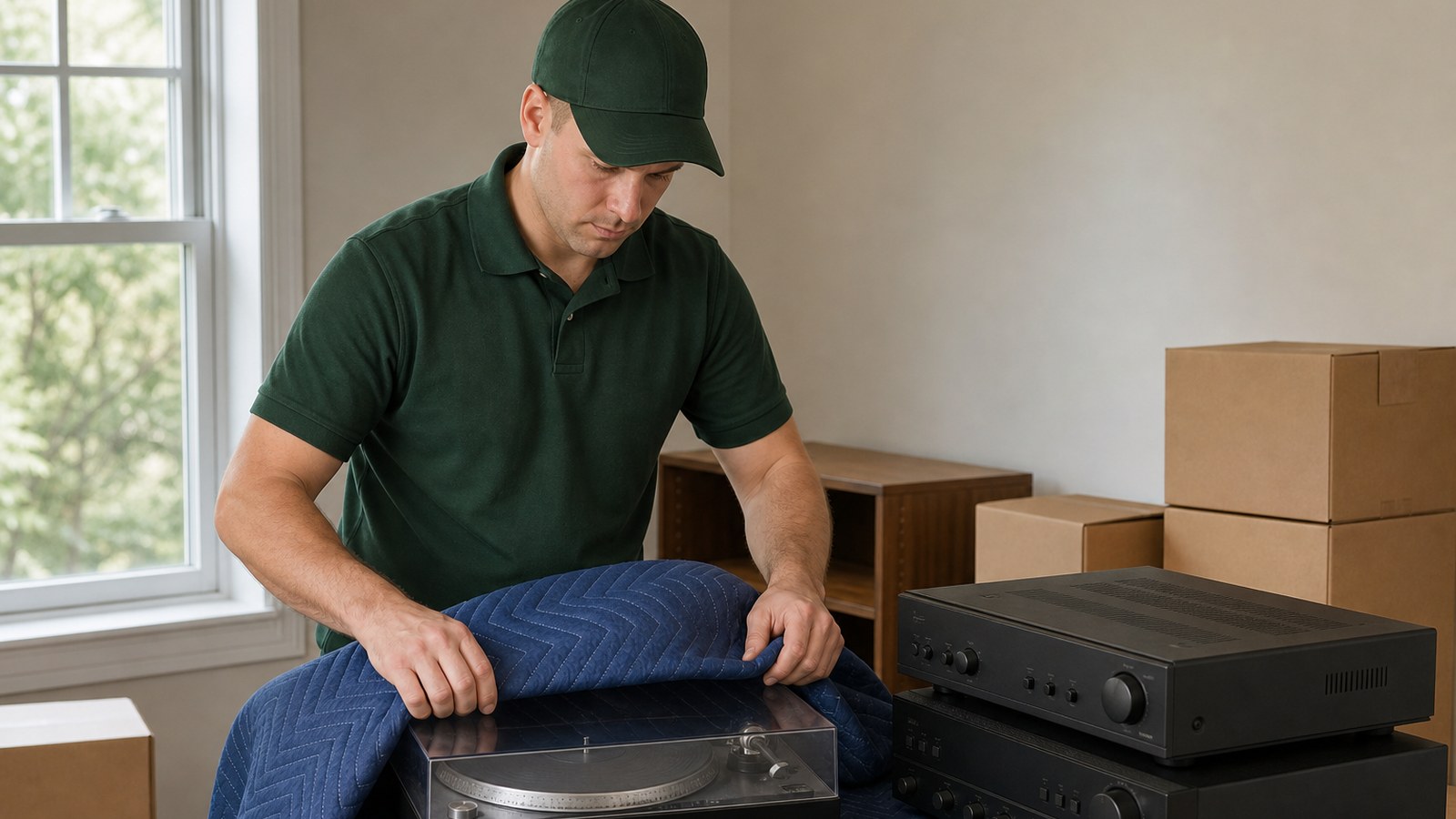 Mover in a forest-green polo and cap wrapping a turntable in a moving blanket beside boxed amplifier gear