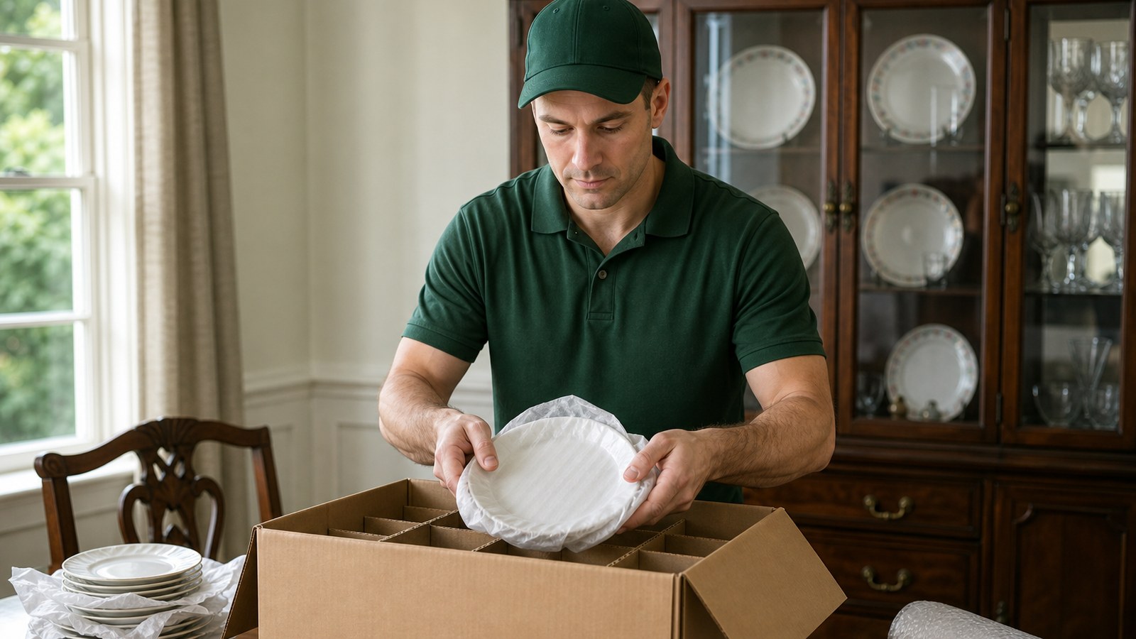 Lincoln Moving & Storage mover in a forest-green polo and cap fine china and crystal moving into a dish pack box