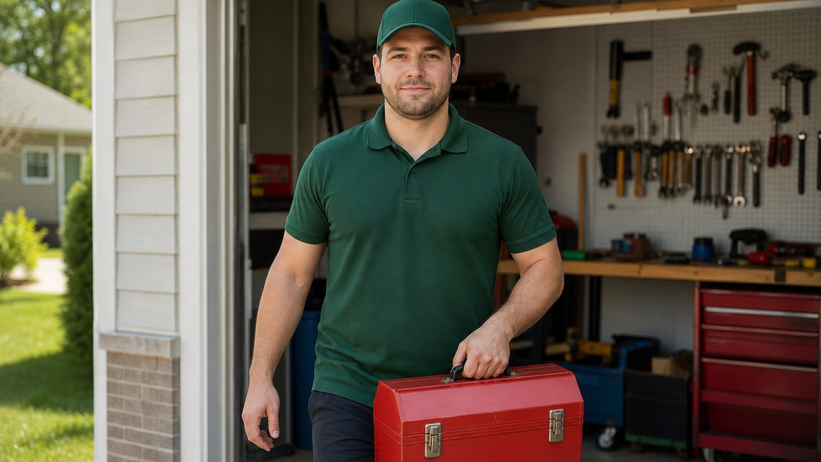Lincoln Moving & Storage mover in a forest-green polo and cap carrying tools during home workshop moving